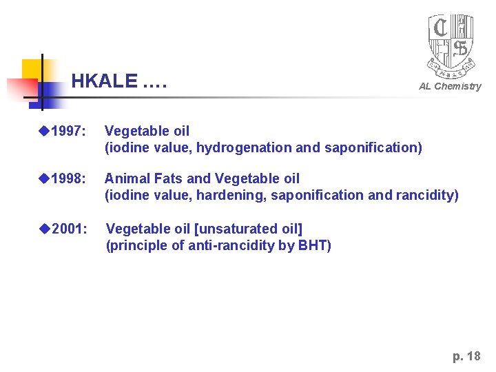 HKALE …. AL Chemistry 1997: Vegetable oil (iodine value, hydrogenation and saponification) 1998: Animal HKALE …. AL Chemistry 1997: Vegetable oil (iodine value, hydrogenation and saponification) 1998: Animal