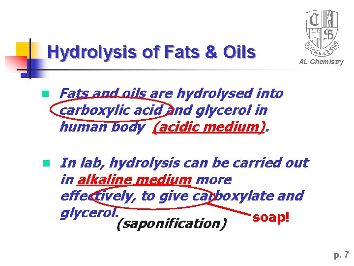 Hydrolysis of Fats & Oils AL Chemistry n Fats and oils are hydrolysed into