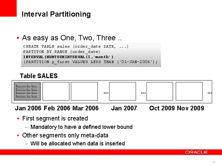Interval Partitioning • As easy as One, Two, Three. . CREATE TABLE sales (order_date Interval Partitioning • As easy as One, Two, Three. . CREATE TABLE sales (order_date