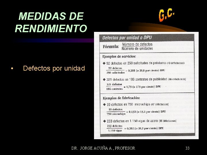 MEDIDAS DE RENDIMIENTO • Defectos por unidad DR. JORGE ACUÑA A. , PROFESOR 33