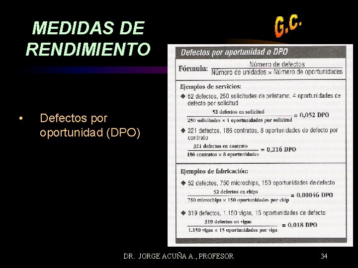 MEDIDAS DE RENDIMIENTO • Defectos por oportunidad (DPO) DR. JORGE ACUÑA A. , PROFESOR