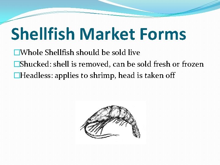 Shellfish Market Forms �Whole Shellfish should be sold live �Shucked: shell is removed, can Shellfish Market Forms �Whole Shellfish should be sold live �Shucked: shell is removed, can