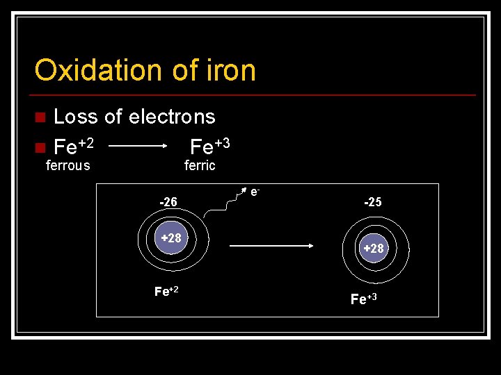 Oxidation of iron Loss of electrons n Fe+2 Fe+3 n ferrous ferric -26 +28