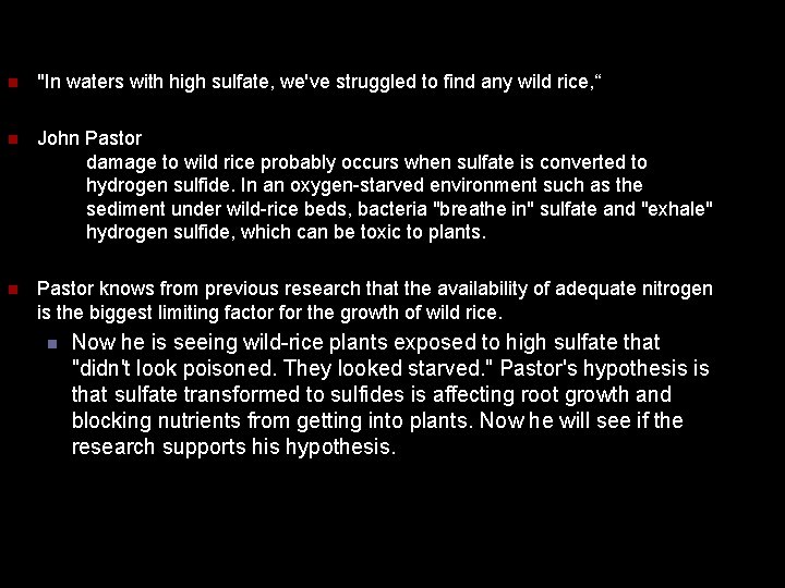 n "In waters with high sulfate, we've struggled to find any wild rice, “