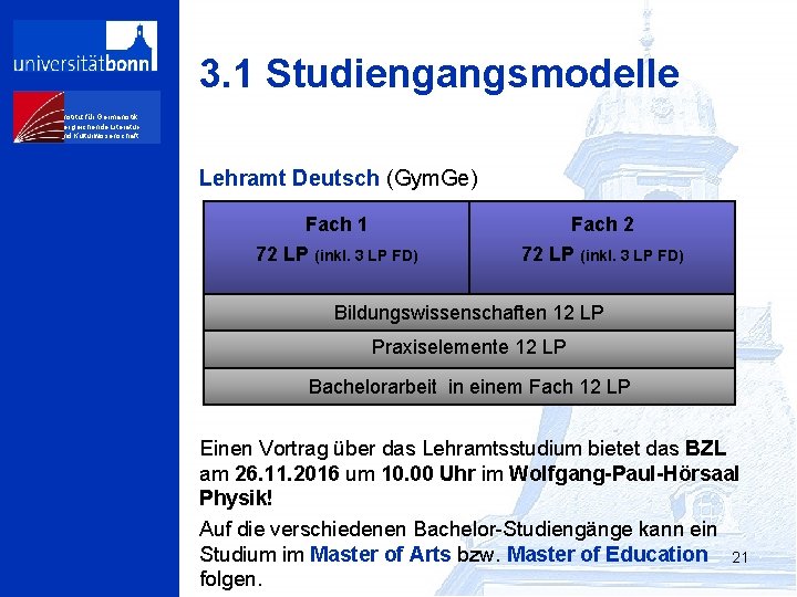 3. 1 Studiengangsmodelle Institut für Germanistik, Vergleichende Literaturund Kulturwissenschaft Lehramt Deutsch (Gym. Ge) Fach