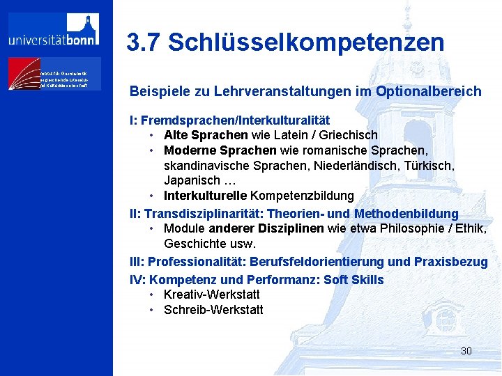 3. 7 Schlüsselkompetenzen Institut für Germanistik, Vergleichende Literaturund Kulturwissenschaft Beispiele zu Lehrveranstaltungen im Optionalbereich