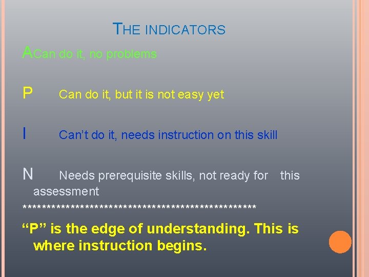 THE INDICATORS ACan do it, no problems P Can do it, but it is