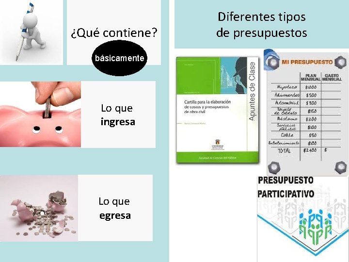 ¿Qué contiene? básicamente Lo que ingresa Lo que egresa Diferentes tipos de presupuestos ¿Qué contiene? básicamente Lo que ingresa Lo que egresa Diferentes tipos de presupuestos