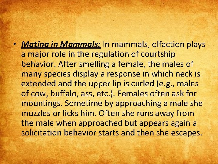  • Mating in Mammals: In mammals, olfaction plays a major role in the