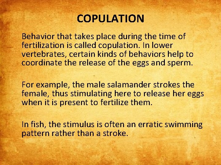 COPULATION Behavior that takes place during the time of fertilization is called copulation. In