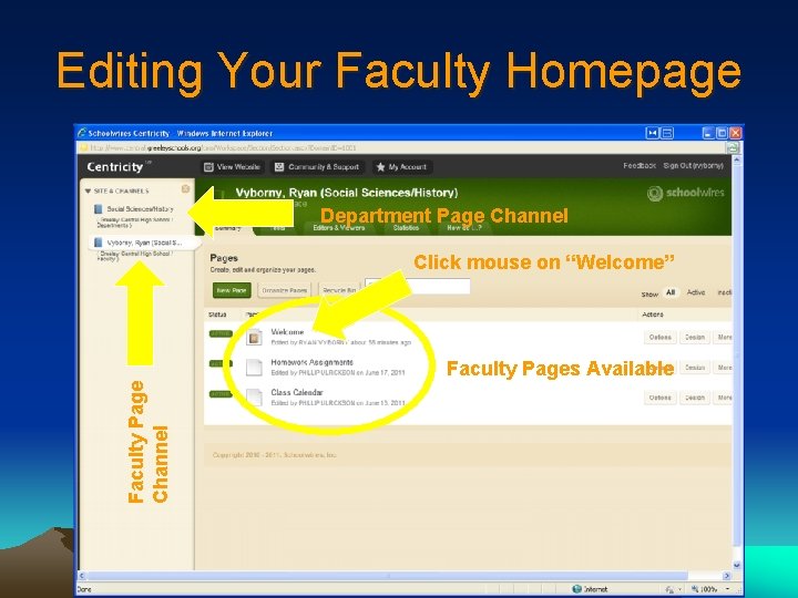 Editing Your Faculty Homepage Department Page Channel Click mouse on “Welcome” Faculty Page Channel