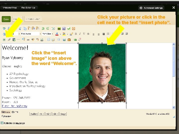 Click your picture or click in the Editing Your Faculty Homepage cell next to