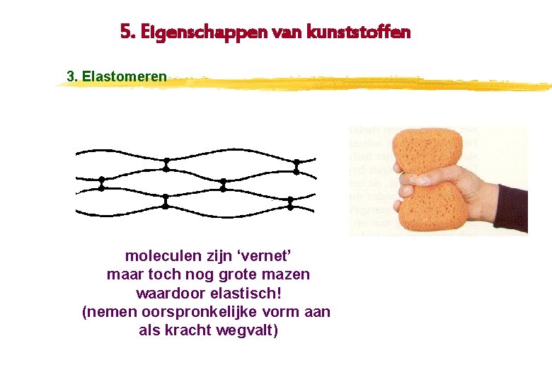 5. Eigenschappen van kunststoffen 3. Elastomeren moleculen zijn ‘vernet’ maar toch nog grote mazen 5. Eigenschappen van kunststoffen 3. Elastomeren moleculen zijn ‘vernet’ maar toch nog grote mazen