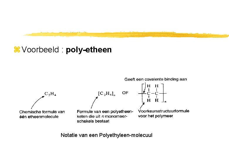 z Voorbeeld : poly-etheen Notatie van een Polyethyleen-molecuul z Voorbeeld : poly-etheen Notatie van een Polyethyleen-molecuul