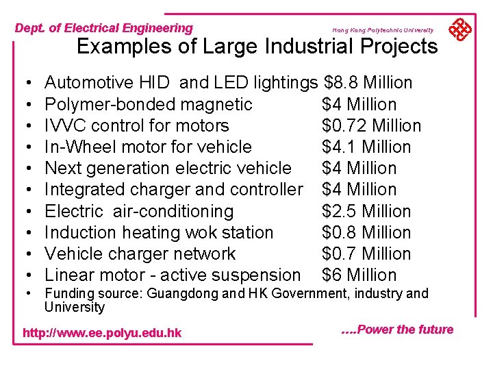 Dept. of Electrical Engineering Hong Kong Polytechnic University Examples of Large Industrial Projects •