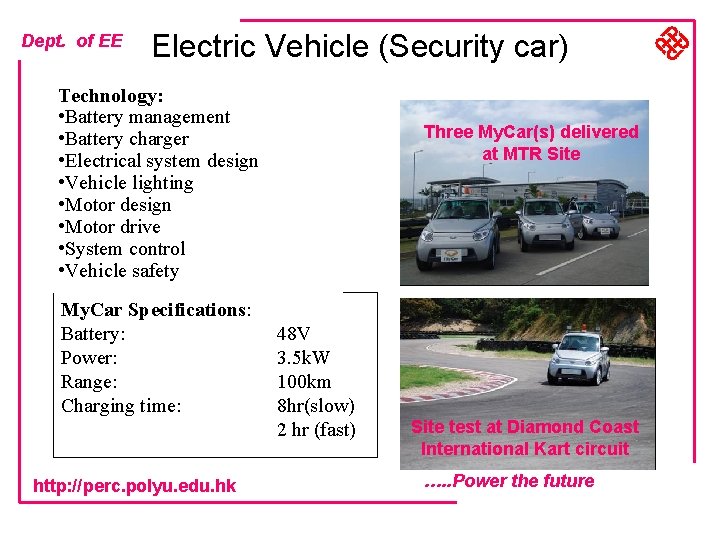 Dept. of EE Electric Vehicle (Security car) Technology: • Battery management • Battery charger