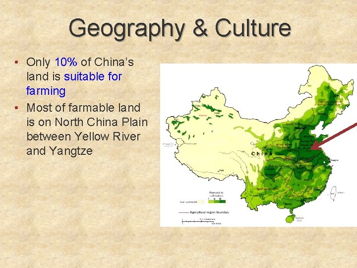 Geography & Culture • Only 10% of China’s land is suitable for farming •