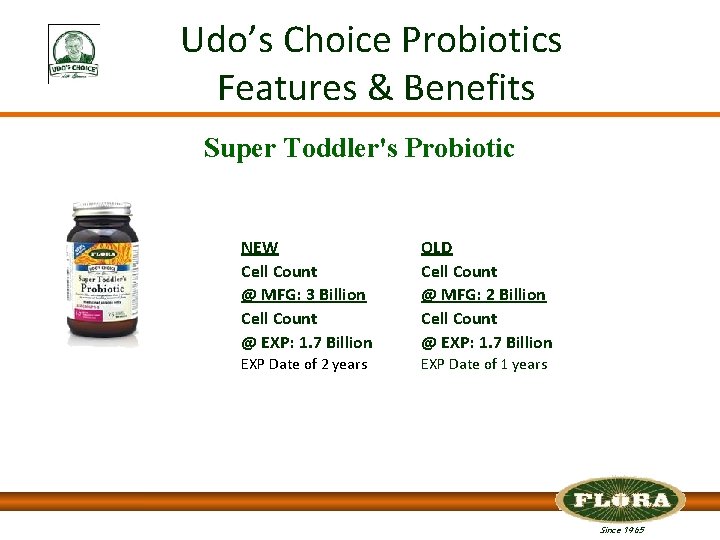 Udo’s Choice Probiotics Features & Benefits Super Toddler's Probiotic NEW Cell Count @ MFG: