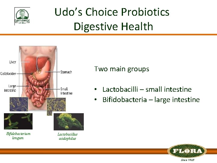 Udo’s Choice Probiotics Digestive Health Two main groups • Lactobacilli – small intestine •