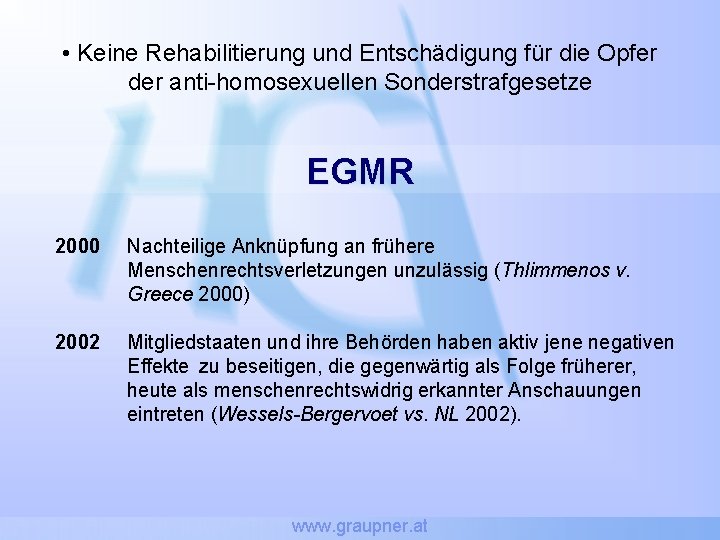  • Keine Rehabilitierung und Entschädigung für die Opfer der anti-homosexuellen Sonderstrafgesetze EGMR 2000