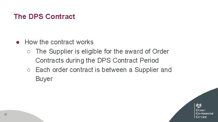 The DPS Contract ● How the contract works ○ The Supplier is eligible for