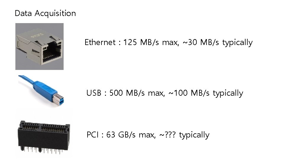 Data Acquisition Ethernet : 125 MB/s max, ~30 MB/s typically USB : 500 MB/s