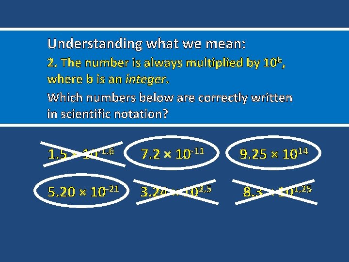 Understanding what we mean: 2. The number is always multiplied by 10 b, where