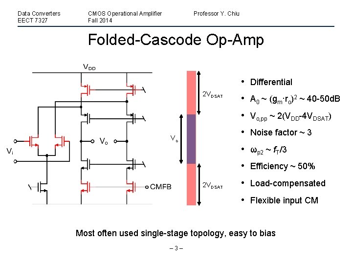 Data Converters EECT 7327 CMOS Operational Amplifier Fall 2014 Professor Y. Chiu Folded-Cascode Op-Amp