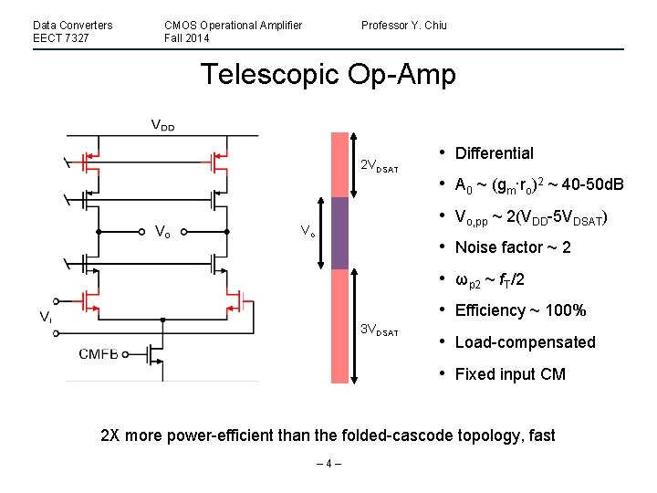 Data Converters EECT 7327 CMOS Operational Amplifier Fall 2014 Professor Y. Chiu Telescopic Op-Amp