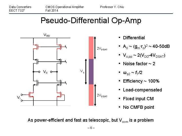 Data Converters EECT 7327 CMOS Operational Amplifier Fall 2014 Professor Y. Chiu Pseudo-Differential Op-Amp