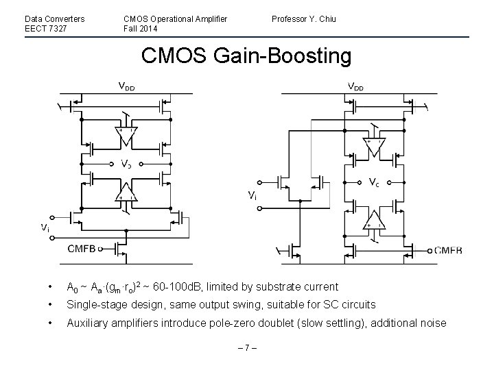 Data Converters EECT 7327 CMOS Operational Amplifier Fall 2014 Professor Y. Chiu CMOS Gain-Boosting