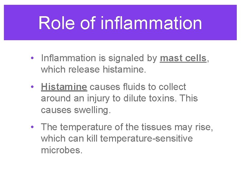 Role of inflammation • Inflammation is signaled by mast cells, which release histamine. •