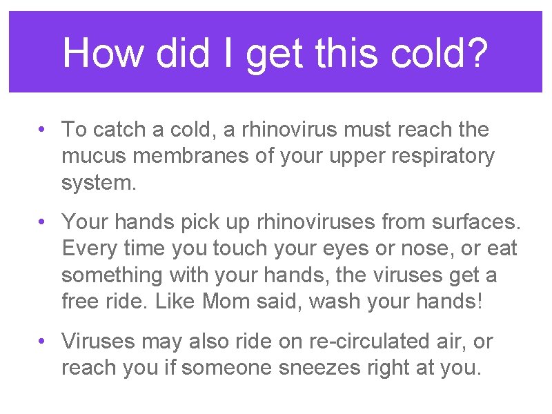 How did I get this cold? • To catch a cold, a rhinovirus must