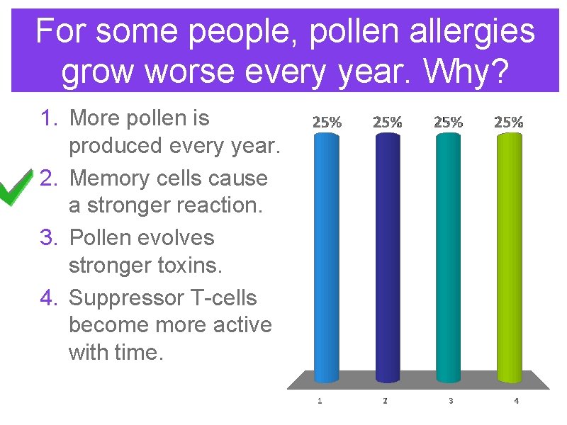 For some people, pollen allergies grow worse every year. Why? 1. More pollen is