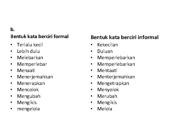 b. Bentuk kata berciri formal • • • Terlalu kecil Lebih dulu Melebarkan Memperlebar