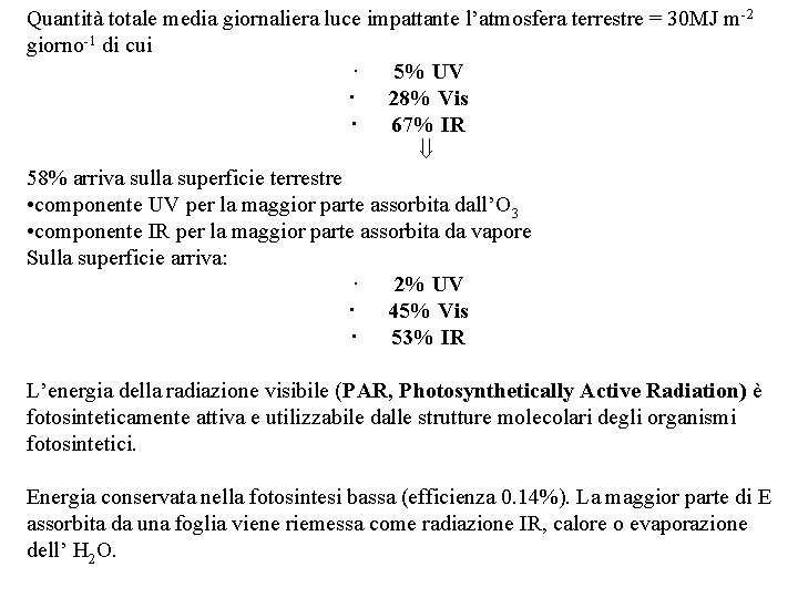 Quantità totale media giornaliera luce impattante l’atmosfera terrestre = 30 MJ m -2 giorno-1