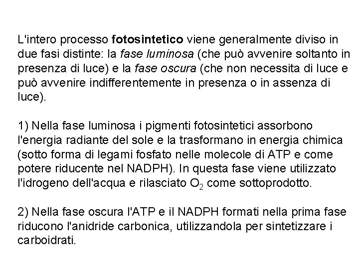 L'intero processo fotosintetico viene generalmente diviso in due fasi distinte: la fase luminosa (che