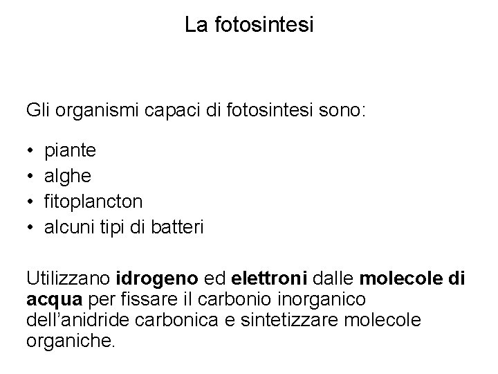 La fotosintesi Gli organismi capaci di fotosintesi sono: • piante • alghe • fitoplancton