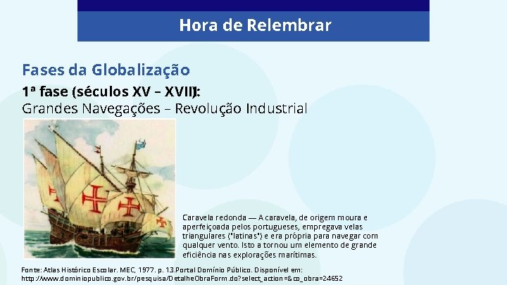 Hora de Relembrar Fases da Globalização 1ª fase (séculos XV – XVIII): Grandes Navegações