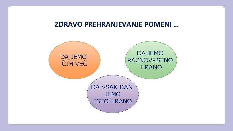 ZDRAVO PREHRANJEVANJE POMENI … DA JEMO ČIM VEČ DA JEMO RAZNOVRSTNO HRANO DA VSAK