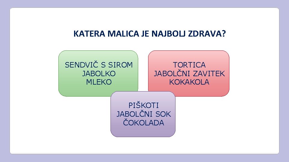 KATERA MALICA JE NAJBOLJ ZDRAVA? SENDVIČ S SIROM JABOLKO MLEKO TORTICA JABOLČNI ZAVITEK KOKAKOLA