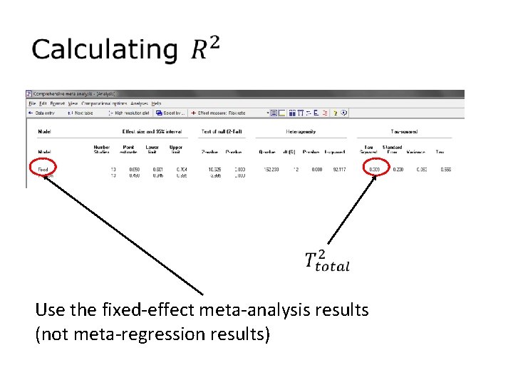  Use the fixed-effect meta-analysis results (not meta-regression results) 