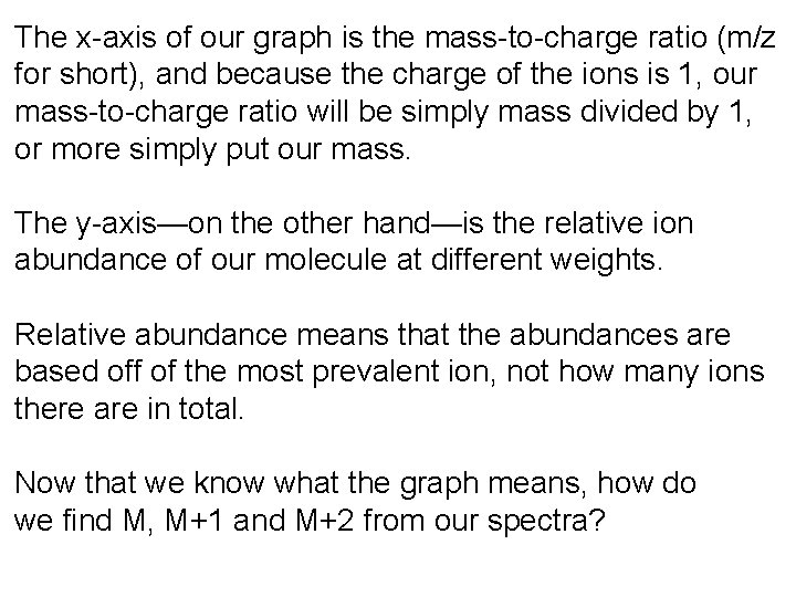 The x-axis of our graph is the mass-to-charge ratio (m/z for short), and because