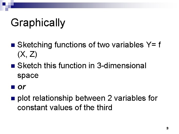 Graphically Sketching functions of two variables Y= f (X, Z) n Sketch this function