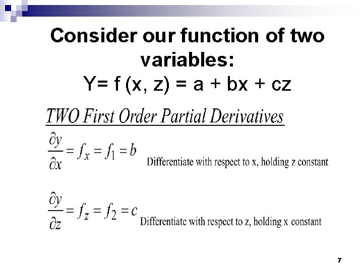 Consider our function of two variables: Y= f (x, z) = a + bx