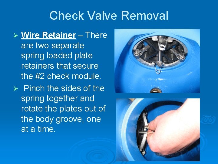 Check Valve Removal Wire Retainer – There are two separate spring loaded plate retainers