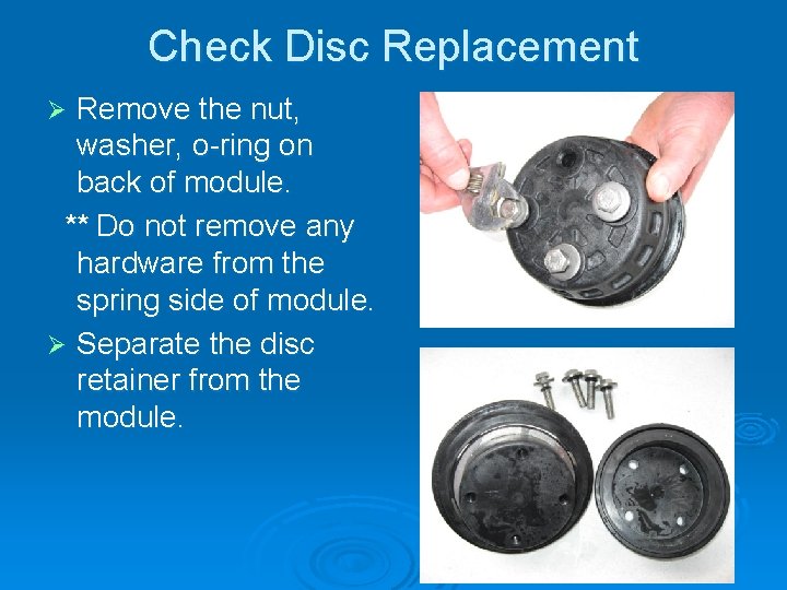 Check Disc Replacement Remove the nut, washer, o-ring on back of module. ** Do