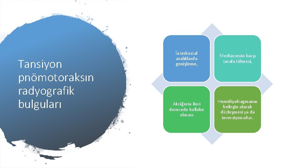 Tansiyon pnömotoraksın radyografik bulguları İnterkostal aralıklarda genişleme, Mediastenin karşı tarafa itilmesi, Akciğerin ileri derecede Tansiyon pnömotoraksın radyografik bulguları İnterkostal aralıklarda genişleme, Mediastenin karşı tarafa itilmesi, Akciğerin ileri derecede