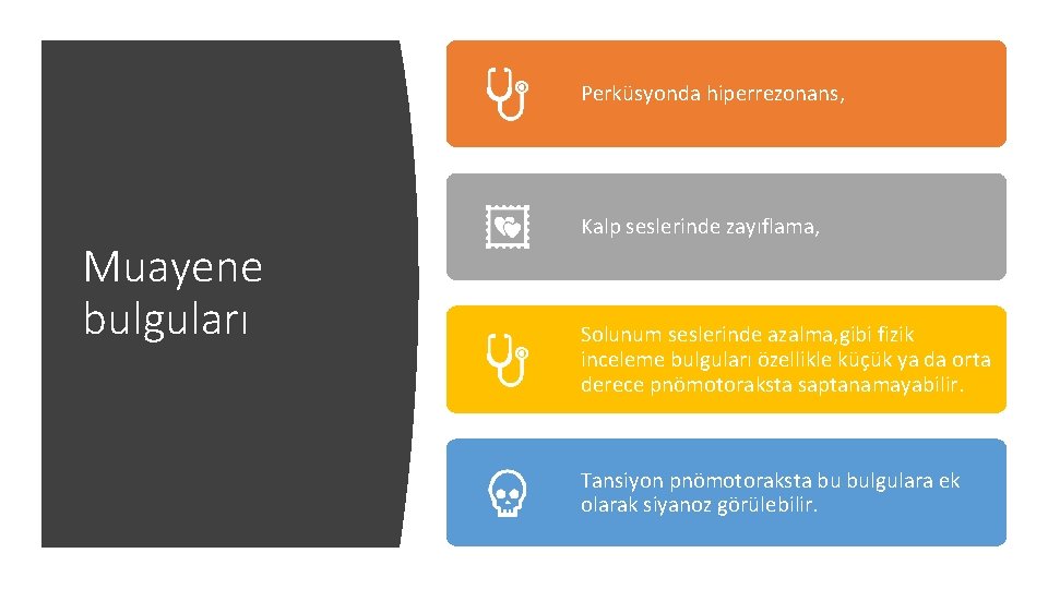 Perküsyonda hiperrezonans, Muayene bulguları Kalp seslerinde zayıflama, Solunum seslerinde azalma, gibi fizik inceleme bulguları Perküsyonda hiperrezonans, Muayene bulguları Kalp seslerinde zayıflama, Solunum seslerinde azalma, gibi fizik inceleme bulguları
