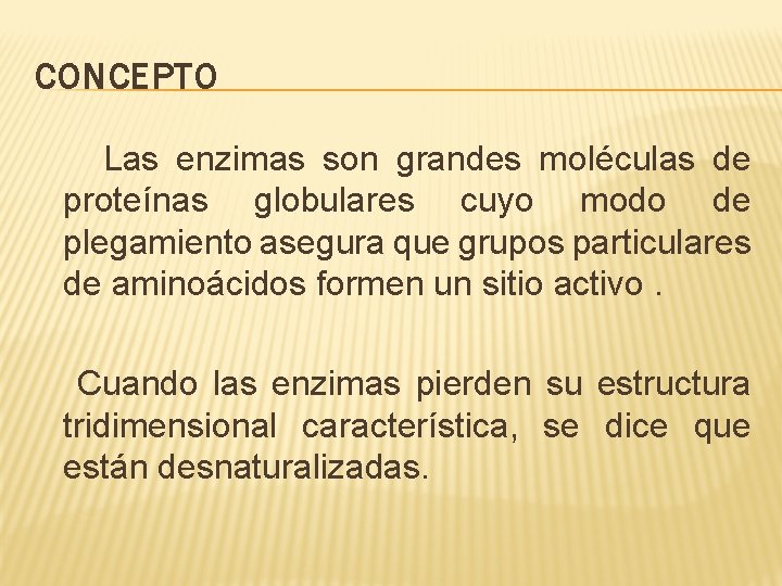 CONCEPTO Las enzimas son grandes moléculas de proteínas globulares cuyo modo de plegamiento asegura